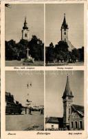 1944 Szászrégen, Reghin; Római katolikus, evangélikus és református templom, Piac tér, autóbusz a megállóban / churches, autobus at the stop (EK)