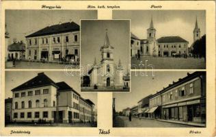 1941 Técső, Tiacevo, Tiachiv, Tyachiv (Máramaros); Római katolikus és református templom, Fő tér, Korona szálló, M. kir. járásbíróság és Román hegyek, Katz Bertalan üzlete / churches, main square, hotel, court, shop