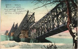 1916 Zimony, Semlin, Zemun; felrobbantott híd télen / WWI blown up bridge in winter + "K.U.K. ETAPPENPOSTAMT BELGRAD"