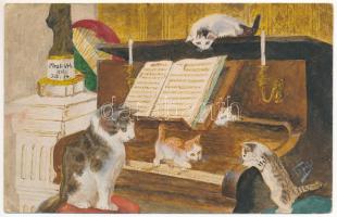 Macska zene zongorával - kézzel festett / Cat music with piano - hand painted s: Topits (EK)