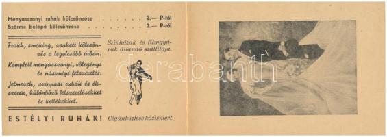 1940 Első Budai Jelmezkölcsönző kinyitható reklámlapja. Budapest, Margit körút 3. / Hungarian Costume rental shop's folding advertisement