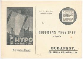 Hypo fehérítő lúg. Hoffmann vegyiipar cég reklámja, hátoldalon megrendelő lap. Budapest, Thaly Kálmán utca 26. / Hungarian chemical company advertisement, order form on the backside (EK)