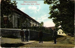 1913 Nagyszentmihály, Németszentmihály, Grosspetersdorf; Templom utca, Ritter villa / street view, villa (kopott sarkak / worn corners)