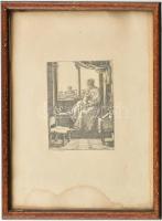 Barthel Beham (1502-1540): Ablakban ülő Szűzanya. XX. század elején készült reprodukciós rézkarc. Üvegezett keretben, kis folttal a szélén. 10,5x8,5 cm