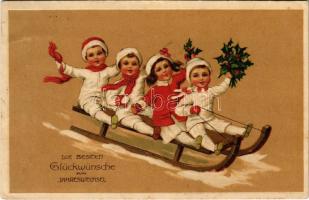 Die Besten Glückwünsche zum Jahreswechsel / Újévi üdvözlet, szánkózó gyerekek - dombornyomott / New Year greeting, sledding children. Embossed litho