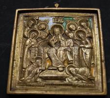 XIX. század végi orosz öntött sárgaréz, zománc díszítéssel, Krisztus az Apostolokkal ábrázolással (9 x 5cm) Nagyházi igazolással