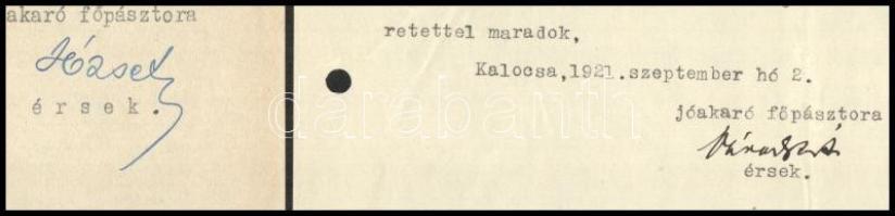 3db kalocsai érseki autográf aláírás leveleken: Grősz József (1887-1961), Városy Gyula (1846-1910) é...