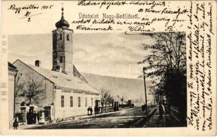 1905 Nagyszőlős, Nagyszőllős, Vynohradiv (Vinohragyiv), Sevlus; Római katolikus templom, Ugocsai Központi Könyvnyomda / church, Ugocsa county central printing house, street view