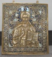 XIX. század végi orosz öntött sárgaréz, zománc díszítéssel, Tanító Krisztus ábrájával (14 x 12cm) Nagyházi igazolással