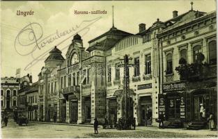 1914 Ungvár, Uzshorod, Uzhhorod, Uzhorod; Korona szálloda, Singer Co. Varrógép, Berkes Béla, Rosenfeld Guszti és Rosenfeld Csilla, Horvát M. üzlete. Székely és Illés kiadása / street view, hotel, shops (EK)