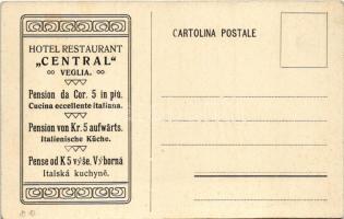 Krk, Veglia; La via principale / Fő utca, üzlet. Hátoldalon a Központi szálloda és étterem reklámja ...