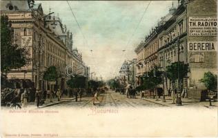 Bucharest, Bukarest, Bucuresti, Bucuresci; Bulevardul Elisabeta Doamna / street view, beer hall, tram, shops, pharmacy (r)