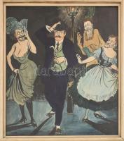 Jeney Jenő (1874-1950): Politikai karikatúra, gúnyrajz (Tisza, Apponyi és Andrássy gróf - nőként ábrázolva - közrefognak egy gazdag úriembert), 1900-1910 körül. Tus, akvarell, papír, jelzett. Üvegezett fa keretben, 31x28 cm