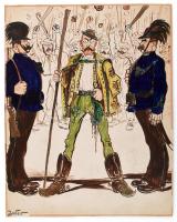 Jeney Jenő (1874-1950): Politikai karikatúra, gúnyrajz (a parasztságot vezető Tisza Istvánt két csendőr fogja közre), 1900-1910 körül. Tus, akvarell, karton, jelzett, 37x29,5 cm
