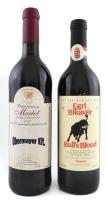 1996 Vinarum Egri Bikavér, Bulls Blood. + 2001 Obermayer Balatonberényi Merlot, 2 db bontatlan palack száraz vörösbor, 12% és 12,5 %, pincében szakszerűen tárolt, 0,75 l.
