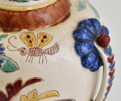 Bozsik Kunszentmárton, díszváza népi dekorral, kézzel festett mázas kerámia, jelzett, mázhibákkal, m...