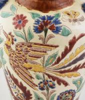 Bozsik Kunszentmárton, díszváza népi dekorral, kézzel festett mázas kerámia, jelzett, mázhibákkal, m...