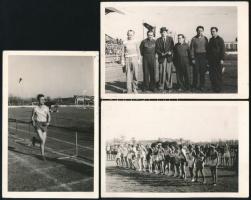 1948.X.28. Kassa, maraton, magyar futók, felvételek a versenyről, 6 db fotó, közte több a hátoldalon feliratozva, a magyar versenyzők nevesítve (Kővári Rezső, Zalavári Ferenc, stb.), egy pecséttel jelzett (Foto Keleti Bodnár, Kosice), 14x9 cm körül / Kosice, marathon, runners, 6 photos, some with descriptions on the back