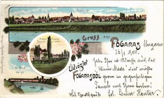 1900 Fogaras, Fagaras; Totalansicht, Schloss-Eingang, Alte-Brücke / látkép, Apafi fejedelem kastélya, régi híd. Thierfeld Dávid kiadása / general view, castle, old bridge. Art Nouveau, floral, litho (vágott / cut)