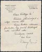 Klausz Ernő / Ernest Klausz (1894 - 1970) festő, díszlettervező két autográf levele, az egyik azálta...