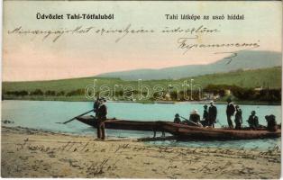 1902 Tahitótfalu, Tahi-Tótfalu; Tahi látképe az úszó híddal, komp. Vámos István kiadása