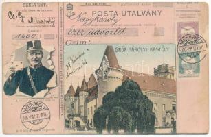 1906 Nagykároly, Carei; Gróf Károlyi kastély. Posta-Utalvány montázs postással és bélyegekkel. Csókás László kiadása / castle. Montage with postal order, postman and stamps (kopott sarkak / worn corners)