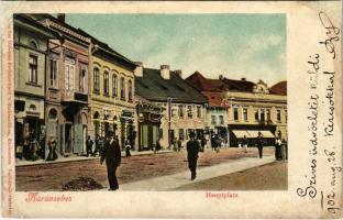 1902 Karánsebes, Caransebes; Hauptplatz / Fő tér, Steinschneider és Társa, Georg Metzger üzlete / main square, shops (r)