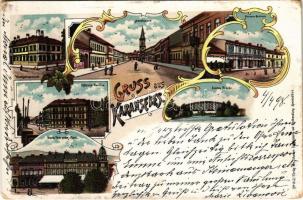 1898 (Vorläufer) Karánsebes, Caransebes; Vermögensgemeinde, Officiers-Pavillon, Hauptgasse, Diöcesan-Gebäude, Eiserne Brücke, Maria Theresien-Platz / Tiszti pavilon, Fő utca, Egyházmegye épülete, Vashíd, Mária Terézia tér / officers' pavilion, main street, diocesan building, iron bridge, square. Art Nouveau, floral, litho (kopott sarkak / worn corners)