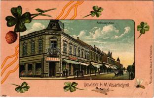 1904 Hódmezővásárhely, Andrássy utca. Szecessziós dombornyomott litho keret lóherével, reisz Bazár kiadása (EK)