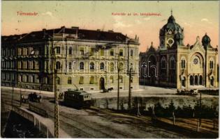 1912 Temesvár, Timisoara; Kunz tér, Izraelita templom, zsinagóga, villamos / square, synagogue, tram (fl)
