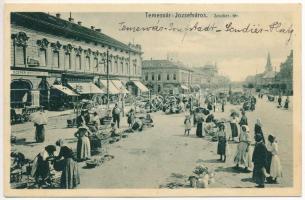 1909 Temesvár, Timisoara; Józsefváros, Scudier tér, piac, Rosner Menyhért, Deutsch üzlete / Iosefin, square, market, shops (ázott / wet damage)