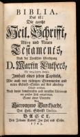 Biblia, Das ist: Die ganze Heilige Schrift des Alten und Neuen Testaments, nach der deutschen Uebersetzung D. Martin Luthers, ... Basel, 1763-1764,Johann Rudolf im Hof,16+909+260 p. Német nyelven. Korabeli egészbőr-kötésben, kopott, sérült, hiányos borítóval, hiányos, az Új testamentum 260. oldalnál végett ér, 265 oldallal lenne teljes.