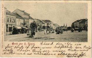 1901 Szászrégen, Reghin; Vásártér, piac, üzletek. Weiss & Dreykurs. Rudolf Burghardt kiadása / market square, shops (r)