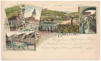 1895 (Vorläufer!!!) Brassó, Kronstadt, Brasov; Evang. Kirche, Rathaus, Marktplatz, Schlossberg, Graft. Verlag W. Hiemesch / Evangélikus templom, Városháza, Piactér, Fellegvár villasor, Graft-patak / church, city hall, market square, villas, river. Kunstanstalt Rosenblatt Art Nouveau, floral, litho (EK)