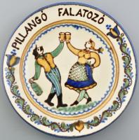Népi figurális tányér, Pillangó Falatozó felirattal, színes mázakkal festett kerámia, hibátlan, d: 29 cm