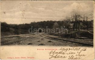 1912 Teregova, Temesvár-Orsova vasútvonal alagútja. Bonna Sándor kiadása / Porta Orientalis (Poarta) / railway tunnel on the Timisoara-Orsova railway line + ORSOVA - BUDAPEST 75. SZ. D vasúti mozgóposta bélyegző (r)