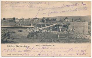 1909 Marosludas, Ludosul de Mures, Ludus; Az új vashíd építés alatt. Glück József kiadása / the new bridge under construction + KOCSARD - MAROS-VÁSÁRHELY 131. SZ. vasúti mozgóposta bélyegző (EK)