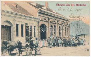 1907 Csíkszentmárton, Sanmartin; utca, Al-Csíki Bank R.-T., üzlet, lovaskocsi. Brassói Lapok kiadása / street view, bank, shop, horse-drawn carriage (EK)