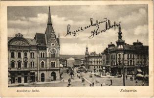 1905 Kolozsvár, Cluj; Erzsébet út híddal, piac, gyógyszertár, üzletek / street view, bridge, market, pharmacy, shops (EK)