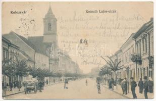 1905 Kolozsvár, Cluj; Kossuth Lajos utca, templom, üzletek / street view, church, shops (ázott / wet damage)