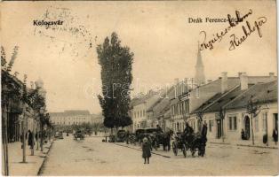 1905 Kolozsvár, Cluj; Deák Ferenc utca, üzletek, lovaskocsik / street view, shops, horse-drawn carriages (EK)