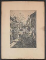 Olvashatatlan (Corneli...?) jelzéssel: Lépcsők házak között (Olaszország?), 1929. Rézkarc, papír. Számozott. 32x21,5 cm. Üvegezett fakeretben. Lap alja kissé foltos.