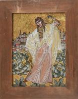 Mihaela Nacu (1952-2021): Női szent. Üvegikon, kézzel festett. Jelzett a hátoldalán. 22x16 cm. Fakeretben.