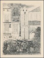 Kondor Béla (1931-1972): Városi jelenet, rézkarc, papír, jelzés nélkül, paszpartuban, 11x8 cm