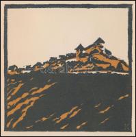 Kós Károly (1883-1977): Falucska. Linómetszet, papír, jelzés nélkül, paszpartuban, 11×11 cm