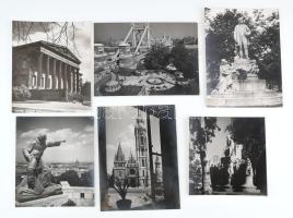 cca 1930-1940 6 db Budapest idegenfogalmi fotó (régi Erzsébet híd villamosokkal, Szépművészeti Múzeum stb.) hátoldalán Budapest Székesfőváros Idegenforgalmi Hivatala bélyegzőjével, 20x17,5 és 23x17 cm közötti méretekben