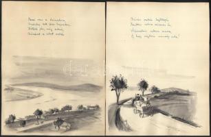 cca 1930-1940 Varga Gyula Vízimalom c. versének kézirata 8 lapon, tusrajzokkal illusztrálva. Melléke...