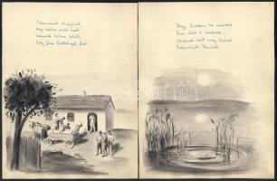 cca 1930-1940 Varga Gyula Vízimalom c. versének kézirata 8 lapon, tusrajzokkal illusztrálva. Melléke...