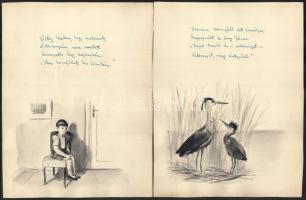 cca 1930-1940 Varga Gyula Vízimalom c. versének kézirata 8 lapon, tusrajzokkal illusztrálva. Melléke...