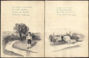cca 1930-1940 Varga Gyula Vízimalom c. versének kézirata 8 lapon, tusrajzokkal illusztrálva. Melléke...